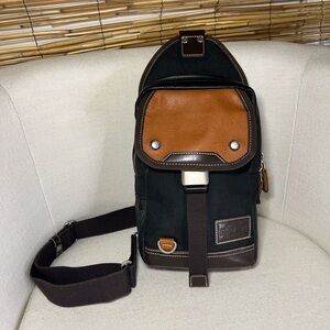 Harvest Label Black & Brown Men's Sling Belt Bag with Leather Trim